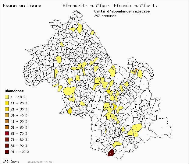 Carte Abondance: Hirondelle rustique Hirundo rustica L. en Isre