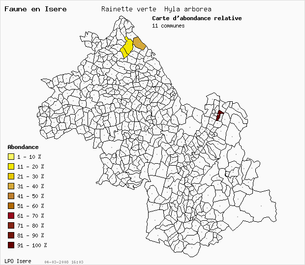 Carte Abondance: Rainette verte Hyla arborea en Isre