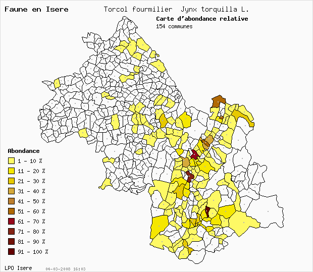 Carte Abondance: Torcol fourmilier Jynx torquilla L. en Isre