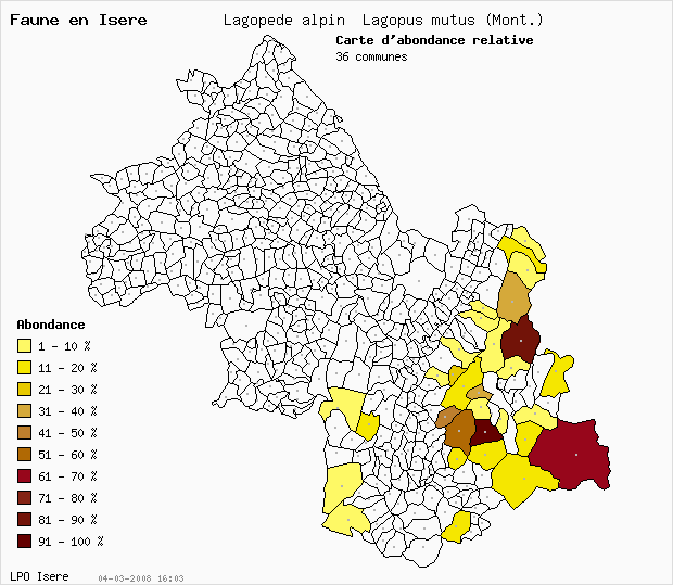 Carte Abondance: Lagopde alpin Lagopus mutus (Mont.) en Isre