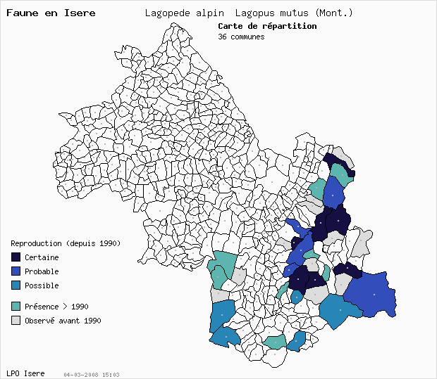 Carte Reproduction: Lagopde alpin Lagopus mutus (Mont.) en Isre