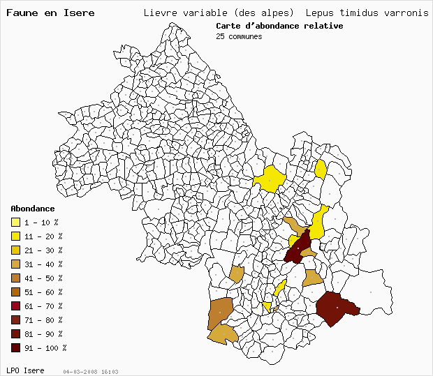 Carte Abondance: Livre variable (des alpes) Lepus timidus varronis en Isre