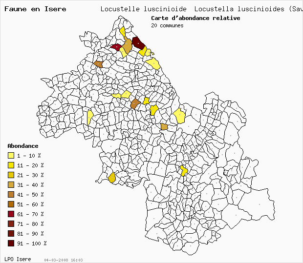 Carte Abondance: Locustelle lusciniode Locustella luscinioides (Savi) en Isre