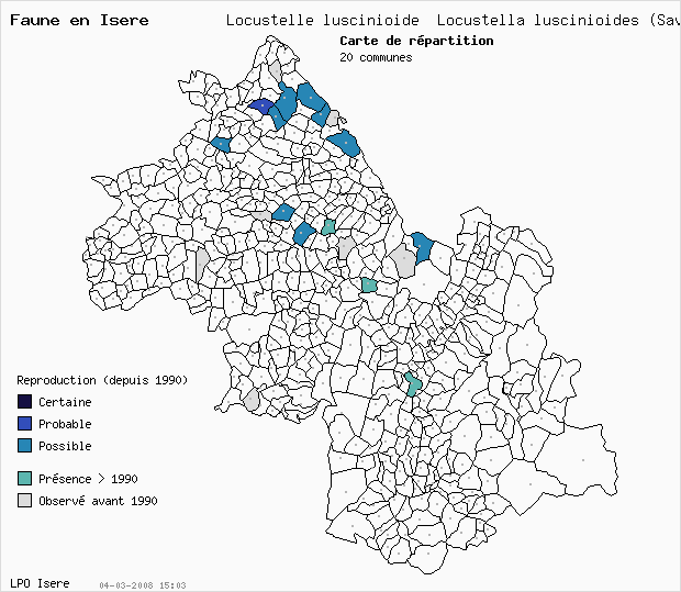 Carte Reproduction: Locustelle lusciniode Locustella luscinioides (Savi) en Isre