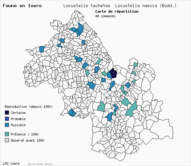 Carte Reproduction: Locustelle tachete Locustella naevia (Bodd.) en Isre