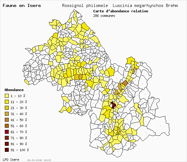 Carte Abondance: Rossignol philomle Luscinia megarhynchos Brehm en Isre