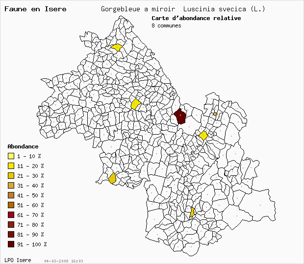 Carte Abondance: Gorgebleue  miroir Luscinia svecica (L.) en Isre