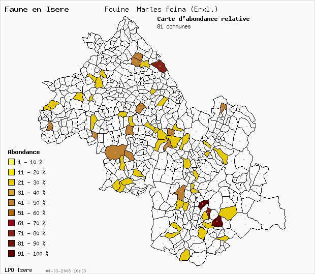 Carte Abondance: Fouine Martes foina (Erxl.) en Isre