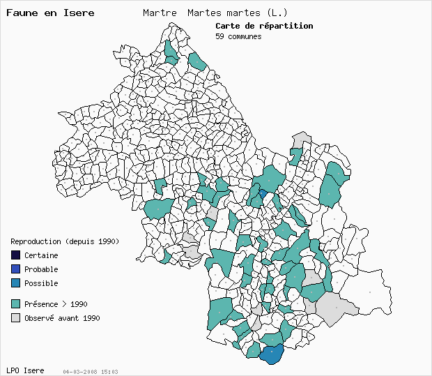 Carte Reproduction: Martre Martes martes (L.) en Isre