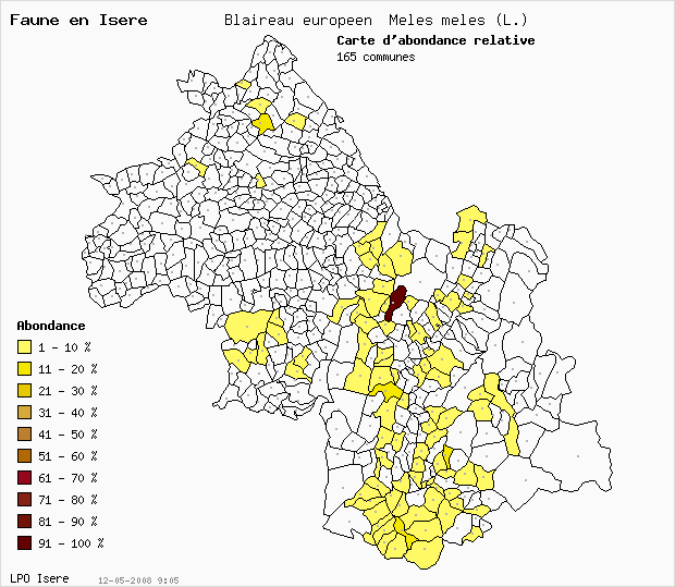Carte Abondance: Blaireau europen Meles meles (L.) en Isre