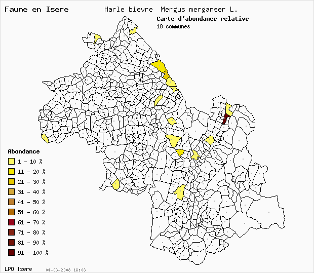 Carte Abondance: Harle bivre Mergus merganser L. en Isre