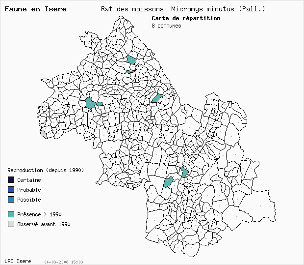 Carte Reproduction: Rat des moissons Micromys minutus (Pall.) en Isre