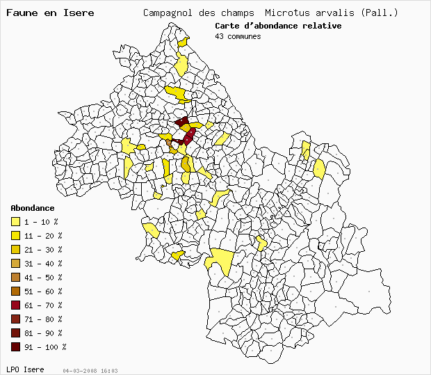 Carte Abondance: Campagnol des champs Microtus arvalis (Pall.) en Isre