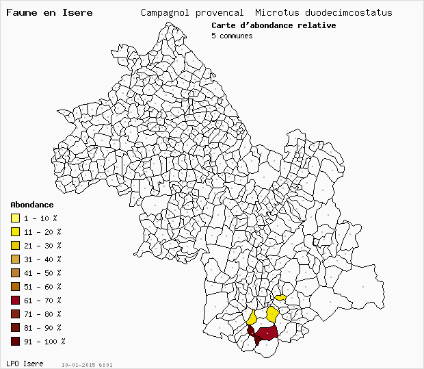 Carte Abondance: Campagnol provenal Microtus duodecimcostatus en Isre