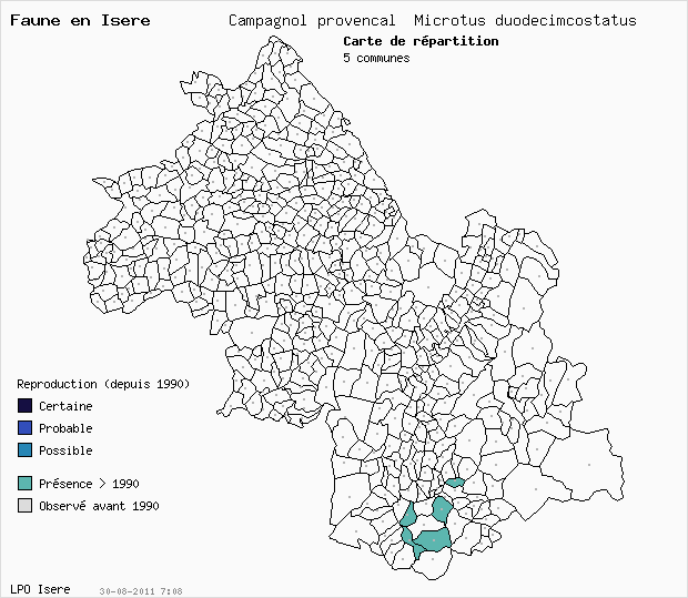 Carte Reproduction: Campagnol provenal Microtus duodecimcostatus en Isre