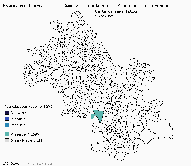 Carte Reproduction: Campagnol souterrain Microtus subterraneus en Isre