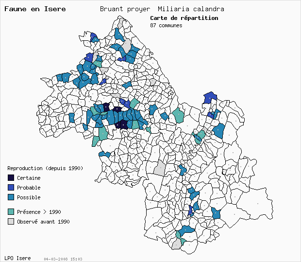 Carte Reproduction: Bruant proyer Miliaria calandra en Isre
