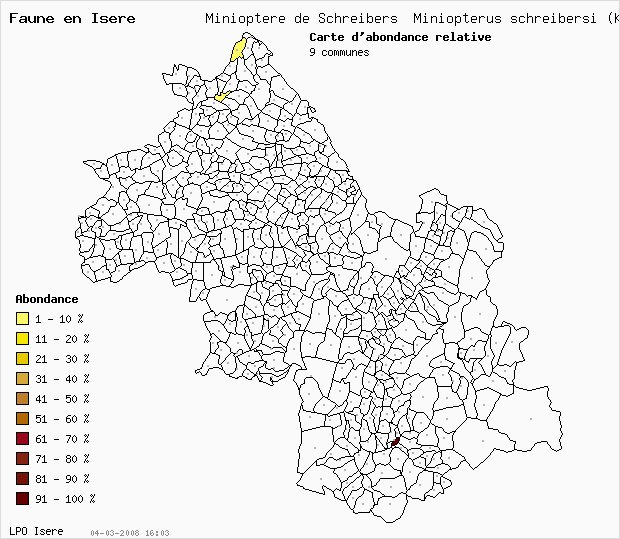 Carte Abondance: Minioptre de Schreibers Miniopterus schreibersi (Kuhl) en Isre