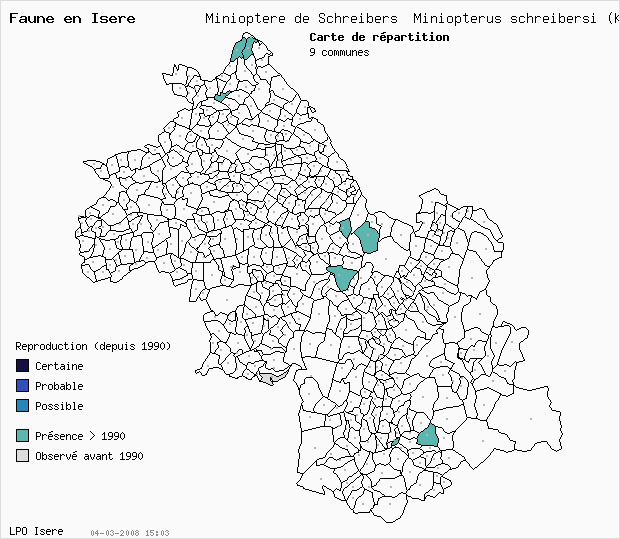 Carte Reproduction: Minioptre de Schreibers Miniopterus schreibersi (Kuhl) en Isre