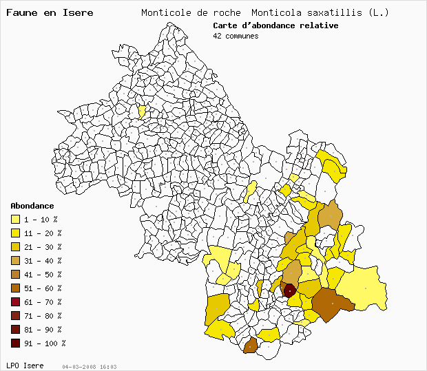 Carte Abondance: Monticole de roche Monticola saxatillis (L.) en Isre