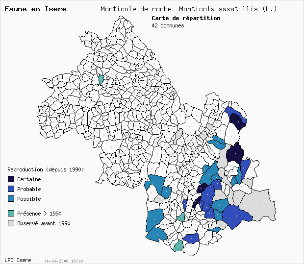 Carte Reproduction: Monticole de roche Monticola saxatillis (L.) en Isre