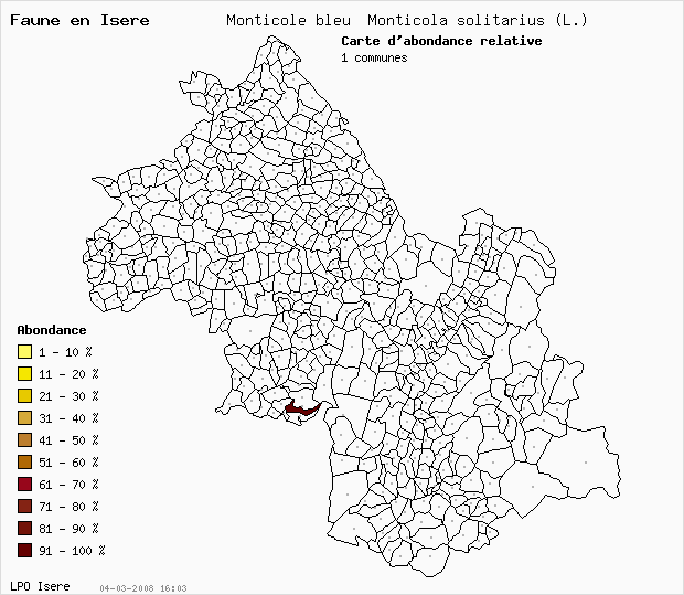 Carte Abondance: Monticole bleu Monticola solitarius (L.) en Isre