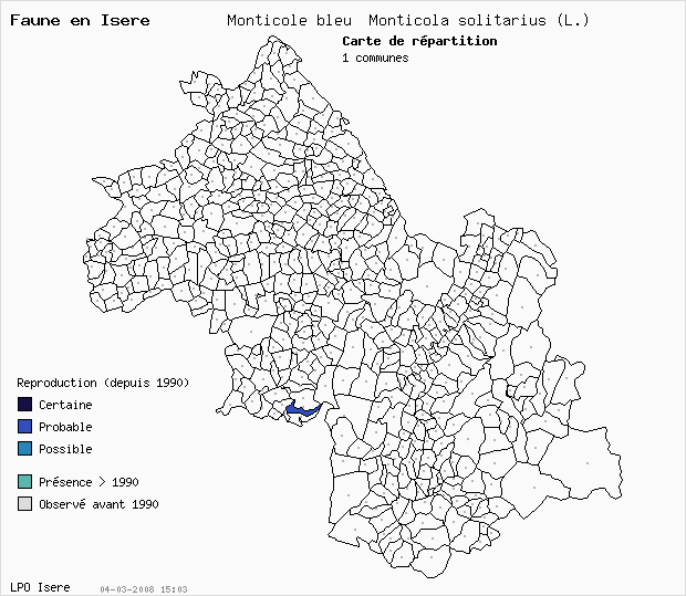 Carte Reproduction: Monticole bleu Monticola solitarius (L.) en Isre