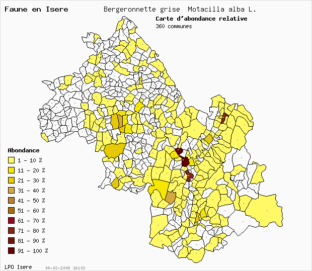 Carte Abondance: Bergeronnette grise Motacilla alba L. en Isre