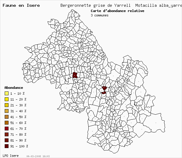 Carte Abondance: Bergeronnette grise de Yarrell Motacilla alba_yarrellii en Isre