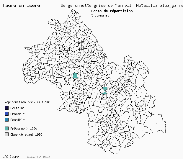 Carte Reproduction: Bergeronnette grise de Yarrell Motacilla alba_yarrellii en Isre
