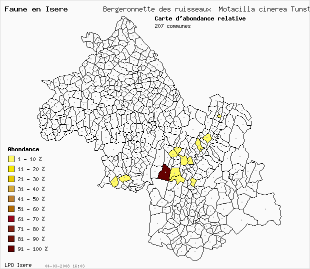 Carte Abondance: Bergeronnette des ruisseaux Motacilla cinerea Tunst. en Isre