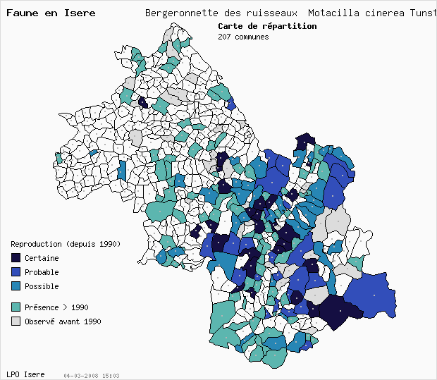 Carte Reproduction: Bergeronnette des ruisseaux Motacilla cinerea Tunst. en Isre