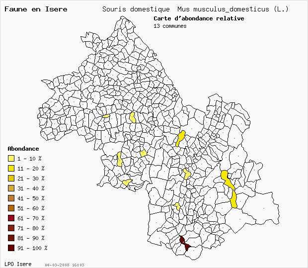 Carte Abondance: Souris domestique Mus musculus_domesticus (L.) en Isre