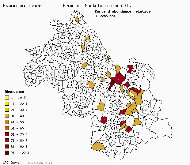 Carte Abondance: Hermine Mustela erminea (L.) en Isre