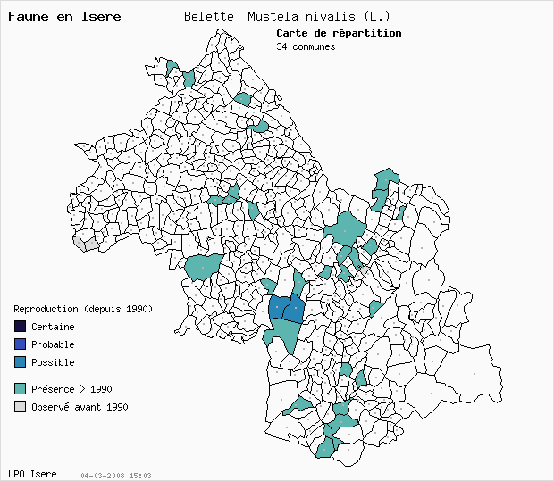 Carte Reproduction: Belette Mustela nivalis (L.) en Isre