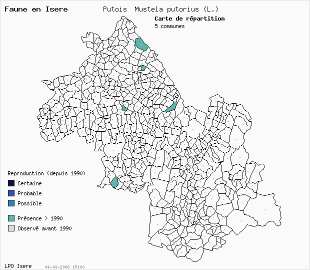 Carte Reproduction: Putois Mustela putorius (L.) en Isre