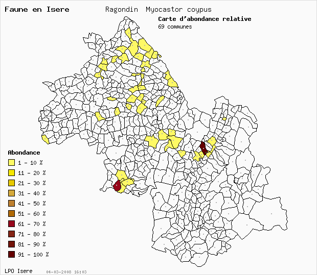 Carte Abondance: Ragondin Myocastor coypus en Isre
