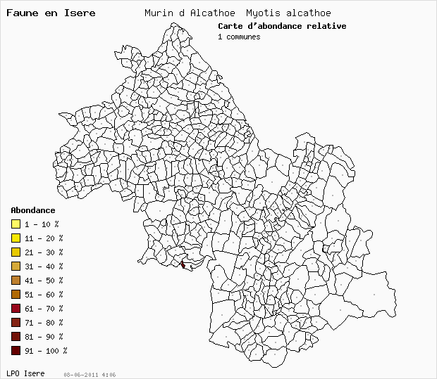 Carte Abondance: Murin d Alcathoe Myotis alcathoe en Isre
