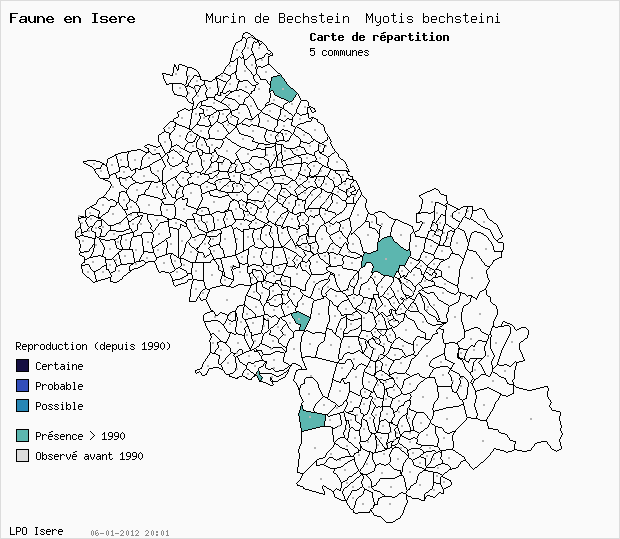 Carte Reproduction: Murin de Bechstein Myotis bechsteini en Isre