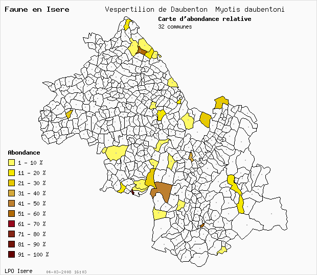 Carte Abondance: Vespertilion de Daubenton Myotis daubentoni en Isre