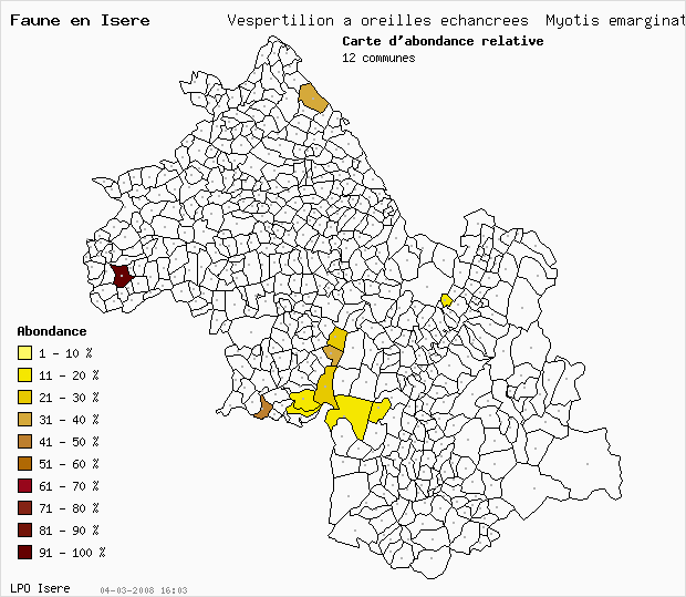 Carte Abondance: Vespertilion  oreilles chancres Myotis emarginatus en Isre