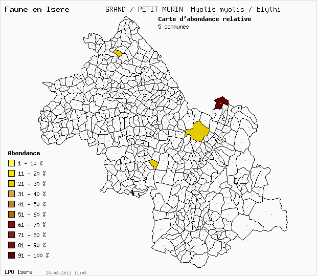 Carte Abondance: Grand murin Myotis myotis en Isre
