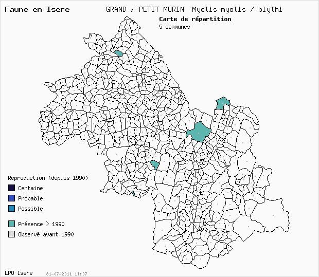 Carte Reproduction: Grand murin Myotis myotis en Isre
