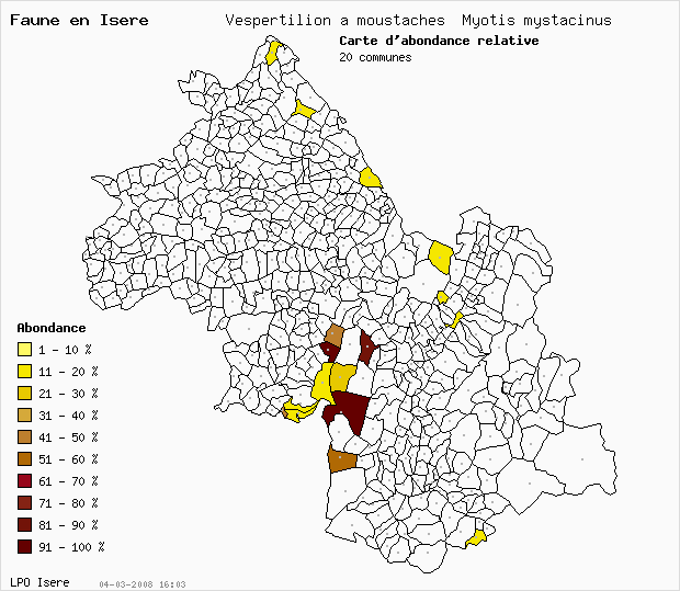 Carte Abondance: Vespertilion  moustaches Myotis mystacinus en Isre