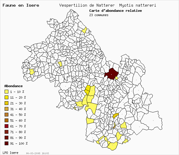 Carte Abondance: Vespertilion de Natterer Myotis nattereri en Isre
