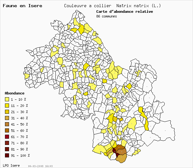 Carte Abondance: Couleuvre  collier Natrix natrix (L.) en Isre
