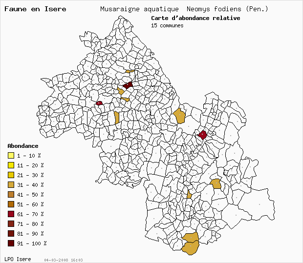 Carte Abondance: Musaraigne aquatique Neomys fodiens (Pen.) en Isre