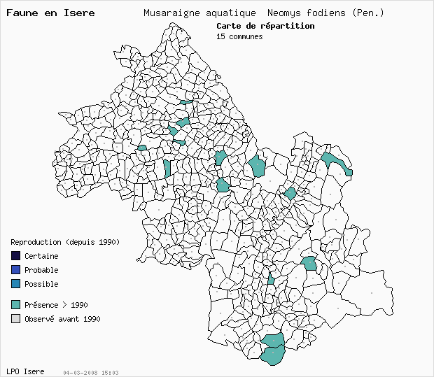 Carte Reproduction: Musaraigne aquatique Neomys fodiens (Pen.) en Isre