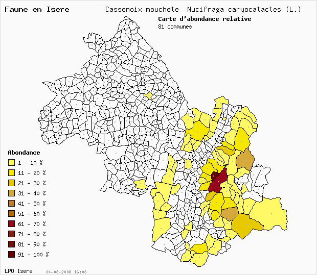 Carte Abondance: Cassenoix mouchet Nucifraga caryocatactes (L.) en Isre