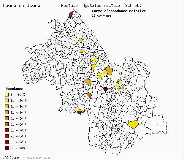 Carte Abondance: Noctule Nyctalus noctula (Schreb) en Isre
